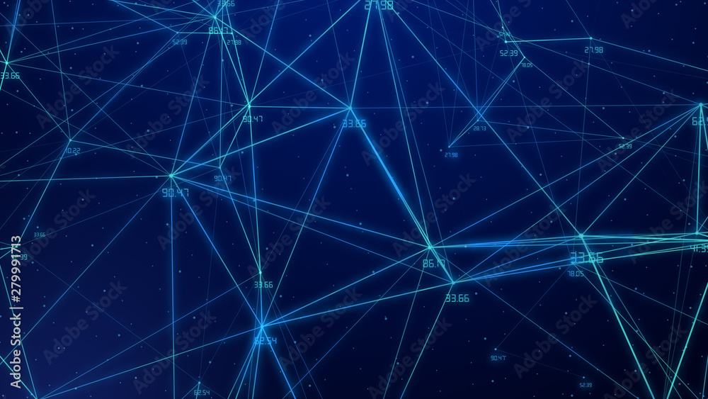 Poster abstract connected dots plexus networking light blue background with code number running