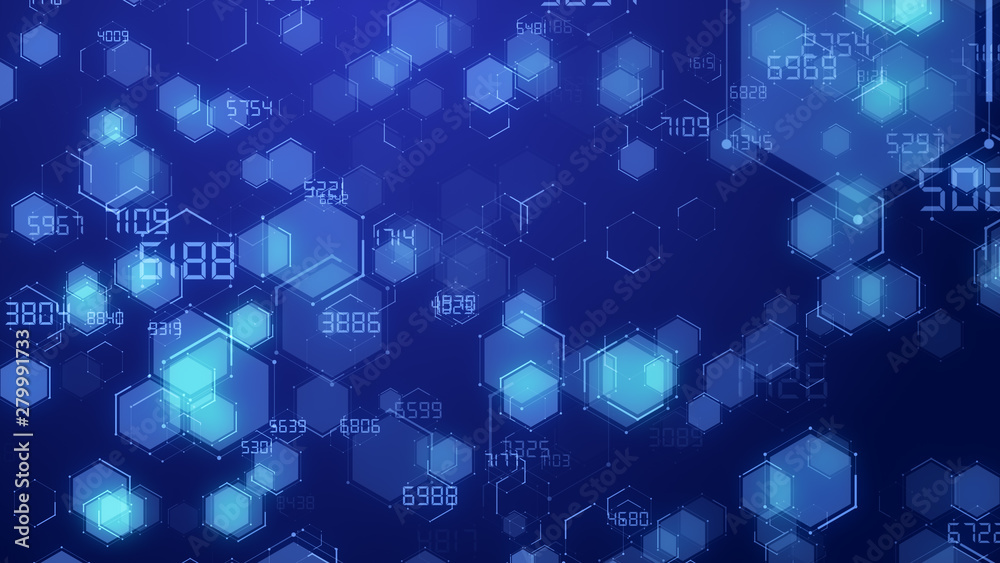 Poster Abstract blue Hexagon honeycomb digital technology background code number futuristic surface running