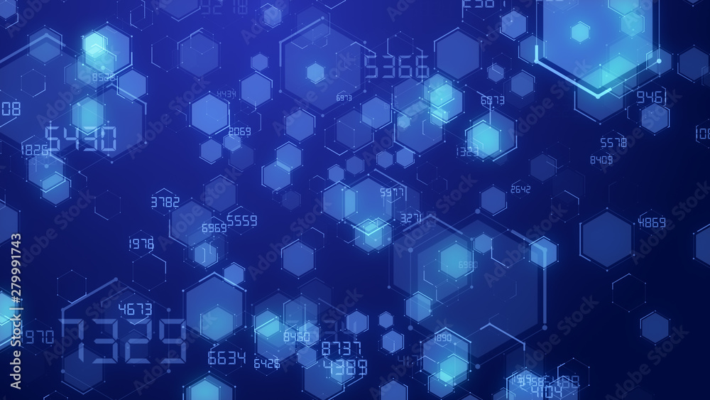 Poster Abstract blue Hexagon honeycomb digital technology background code number futuristic surface running