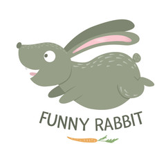 Vector cartoon style flat funny rabbit with carrot isolated on white background. Cute illustration of woodland animal. Running hare icon for children’s design..