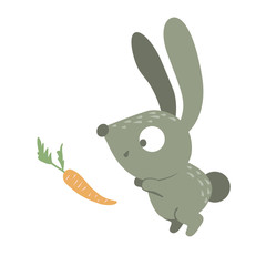 Vector cartoon style flat funny baby rabbit with carrot isolated on white background. Cute illustration of woodland animal. Little hare icon for children’s design..