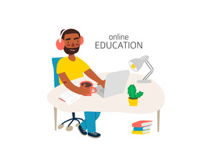 Student in learning process. Flat illustration of african-american man studying online at his workplace, using his laptop. Vector template with work table, books, lamp, etc