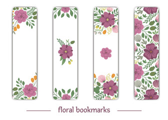 Vector bookmark templates with floral elements. Flat trendy illustration with flowers, leaves, branches - obrazy, fototapety, plakaty