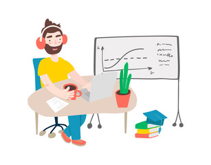 Student in learning process. Flat illustration of man studying online at his workplace, using his laptop. Vector template with work table, books, lamp, etc