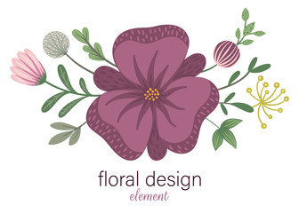 Vector floral horizontal decorative element. Flat trendy illustration with flowers, leaves, branches. Meadow, woodland, forest clip art. 