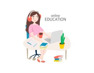 Student in learning process. Flat illustration of woman studying online at his workplace, using his laptop. Vector template with work table, books, lamp, etc