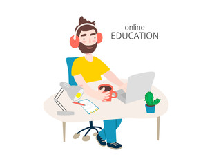 Student in learning process. Flat illustration of man studying online at his workplace, using his laptop. Vector template with work table, books, lamp, etc