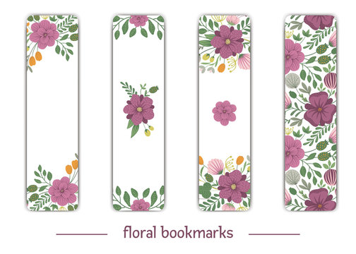 Vector bookmark templates with floral elements. Flat trendy illustration with flowers, leaves, branches