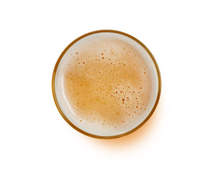 top view of beer bubbles in glass cup on white background. with clipping path.