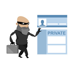 Computer thief hacks personal data. Steals information from the PC. id password stolen criminal hacker.