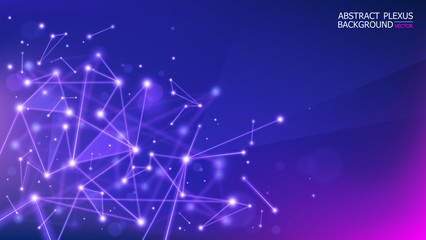 Fototapeta premium Vector. Blue-purple polygonal plexus background. Neural network. Abstract futuristic 3d image. Science and technology. Microbiology. Macro effect. Lines and points. Particle motion. Blur.