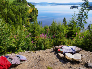 Fototapeta premium Camping on nature, lake fjord shore, Norway