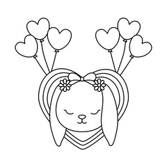 head of cute little bunny baby in heart and balloons helium