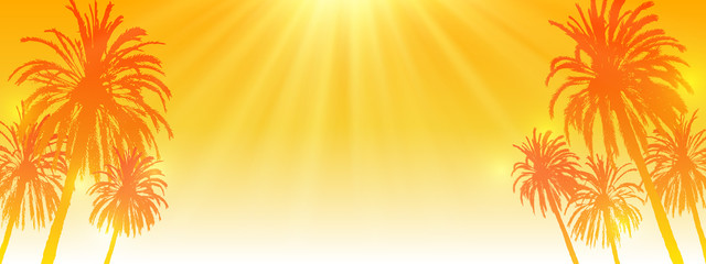 Fototapeta na wymiar Palm trees silhouettes on sunny orange sky background - horizontal panoramic banner for Your summer design