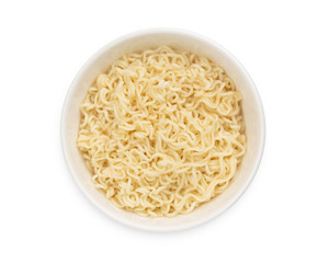 Instant noodles in ceramic bowl, top view isolated on white background. with clipping path.