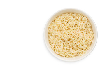 Instant noodles in ceramic bowl, top view isolated on white background with copy space for design. this has clipping path.