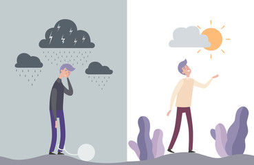 Happy and unhappy man characters. Mental human health vector illustration. Unhappy sad human emotion, happy and depressed
