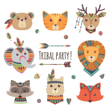 Cartoon tribal animal heads isolated on white background. Vector lama, bear, elephant, raccoon, fox, cat ethnic style illustration. Tribal fox and deer, raccoon and lama, alpaca and elephant