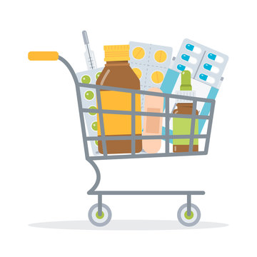 Shopping Cart With Medicaments. Medicine Concept For Drug Store Or Online Pharmacy. Flat Vector Illustration. 