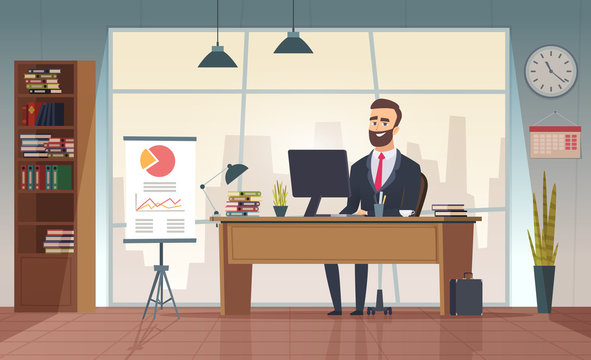 Director office. Interior businessman sitting at the table vector office cartoon picture. Office desk, manager room, interior, of director cabinet illustration