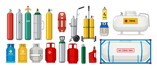 Gas tanks. Compressed oxygen propane dangerous cylinder tanks vector cartoon collection. Propane in cylinder, compressed gas illustration