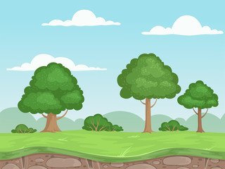 Seamless game nature landscape. Parallax background for 2d game outdoor mountains trees and clouds vector illustrations. Seamless level horizontal ui, neverending game parallax