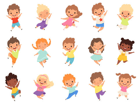 Jumping kids. Happy funny children playing and jumping in different action poses education little team vector characters. Illustration of kids and children fun and smile