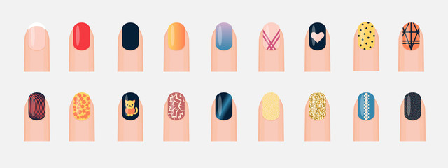 Popular different nail designs. Set of colored painted nails. Manicure, pedicure. Nail polish. Vector illustration isolated on white background