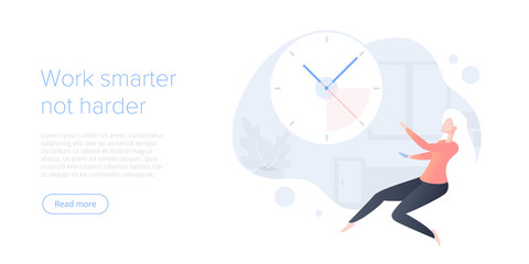 Effective time management flat vector illustration. Young woman prioritizing tasks or organization for effective productivity. Job schedule optimization concept. Web banner layout template.