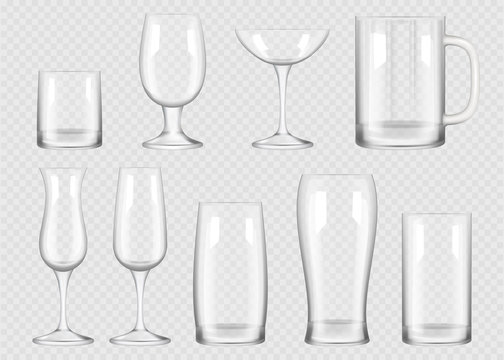 Transparent drink glass. Cup for alcoholic drinks crystal empty glass vector realistic collection. Empty realistic glass transparent for bar and drink illustration