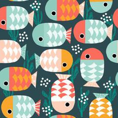 Seamless pattern with cute fishes underwater. Kids cute print. Vector hand drawn illustration.
