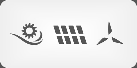 Water turbine, solar panel, and wind turbine. Sustainable energy vector icons