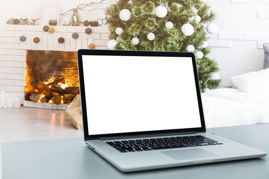 Wooden table background montage design for Merry Christmas and Happy new year concept 2019,Laptop