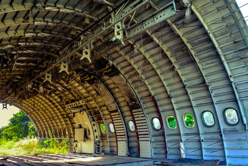 Ceiling structure of plane wreck close up shot