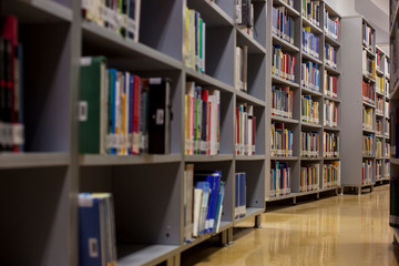 Blurred background. Library, books. Close-up.