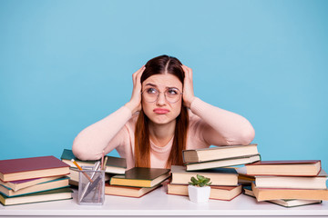 Portrait of her she nice attractive depressed girl preparing exam test subject university 1st...