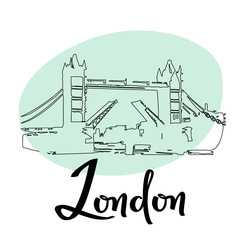 London town Tower Bridge sketch illustration. Vector simple doodle card with historical building.