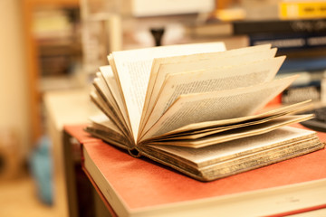 Blurred background. Library, books. Close-up.