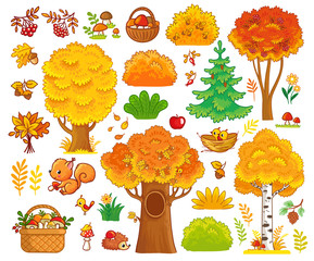 Vector set with trees and forest animals. Collection of autumn trees