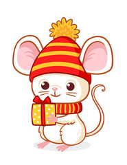 Cute little mouse on a white background is holding a New Year's gift. Vector illustration on the Christmas theme