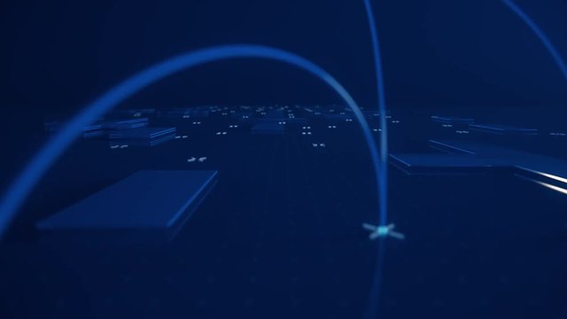 A growing global communication network Flight of the camera through technological abstract space. Social network connections. Seamless loop 4k cg animation.