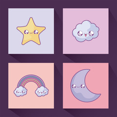 cute moon with set icons kawaii style