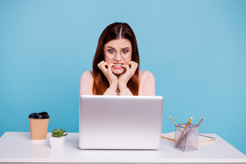 Close up photo beautiful she her foxy lady hands fingers teeth sit desk table look notebook epic...