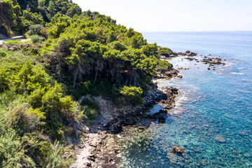 Aerial view of green seashore and turquoise sea water. Island with green trees in the ocean seen form above.