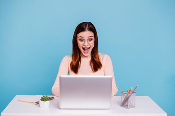Close up photo beautiful she her foxy lady sit desk office workplace workstation unexpected...