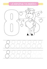 Funny children flashcard number eight. Unicorn with hearts learning to count and to write. Coloring printable worksheet for kindergarten and preschool. Number writing practice 8.