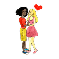 Two girls in love holding hands, hand drawing