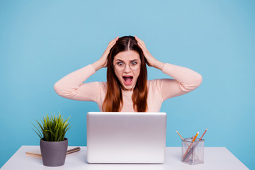 Close up photo beautiful she her lady hands arms foxy head sit desk office workplace workstation look notebook yell epic fail loser wear casual pastel warm pullover isolated bright blue background