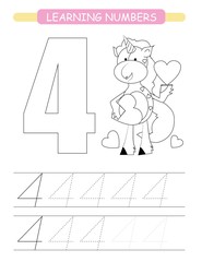 Funny children flashcard number four. Unicorn with hearts learning to count and to write. Coloring printable worksheet for kindergarten and preschool. Number writing practice 4.