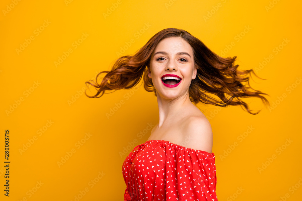 Sticker pretty lady enjoy amazing weather and warm spring breeze wear red dress isolated yellow background